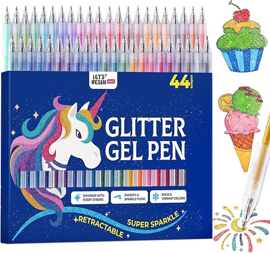 LET'S RESIN PAINT Glitter Gel Pens,44 Metallic Sparkly Colors Glitter Pens，Quick-Drying Gel Ink Pen,Retractable Colored Gel Pen for Adult Coloring Books，Valentine’s Day Gifts,Easter Basket Stuffers