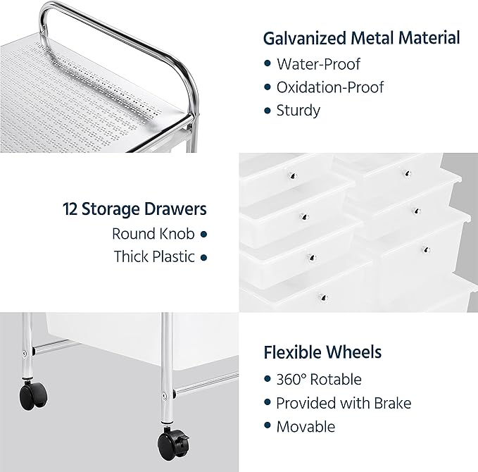 Yaheetech 12 Drawers Rolling Storage Cart Multipurpose Movable Organizer Cart Storage Bin Trolley Tools Scrapbook Paper Organizer on Wheels, White