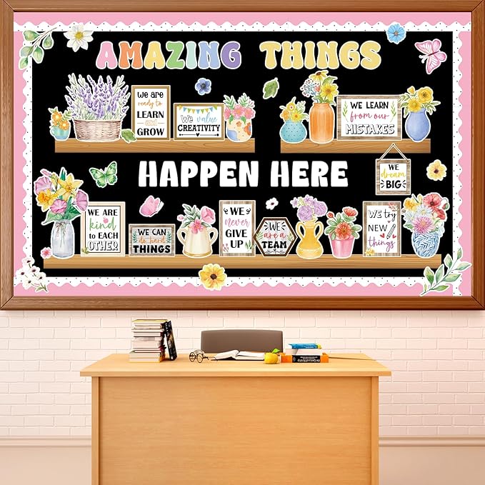 74pcs Spring Bulletin Board Decorations Set Flower Bookshelf Bulletin Board Amazing Things Happen Here Paper Cutouts Floral Cards Motivational Cutout Classroom Decor for Classroom School Offices