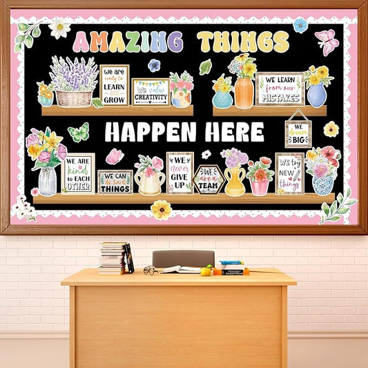 74pcs Spring Bulletin Board Decorations Set Flower Bookshelf Bulletin Board Amazing Things Happen Here Paper Cutouts Floral Cards Motivational Cutout Classroom Decor for Classroom School Offices