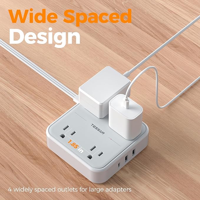 TESSAN Short Extension Cord, 1 Ft Ring Pull Surge Protector Power Strip with Multiple Outlets, 3 USB (1 USB C) 4 Outlets, 900J Surge Protection, Desktop Charging Station for Home, Office, Dorm Room