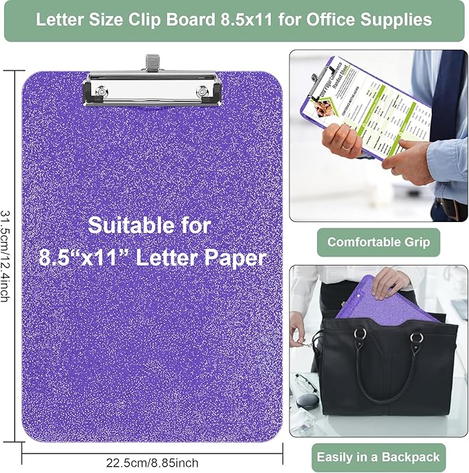 1 Pcs Clear Glitter Clipboards, Plastic Clipboard with Pen Holder,Size 8.85 x 12.4 in Shiny Clipboards with Low Profile Clip,Cute Hanging Clipboard for Office School Supplies Sparkly Clip board-Purple