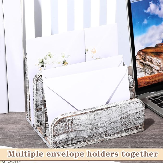 Wooden Mail Holder 3 Slots Mail Organizer for Desk Wood File Paper Letter Sorter for Letter Envelope Filing Cell Phone Document Storage, Organizer Tray for Office and Home (Old White)