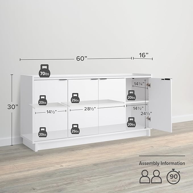 Prepac Simply Modern 4 Door Console Table with Storage, White Storage Cabinet with Doors and Shelves, Sideboard Storage Cabinet 60" W x 30" H x 16" D, WCBG-1820-1
