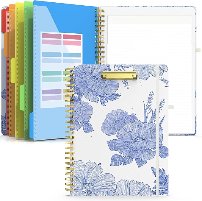 Sooez Clipboard Folio with Refillable Notepad, Folder with 10 Storage Pockets for Letter Size, Spiral Clipboard Notebook, Cute Portfolio for School, Office & Nursing