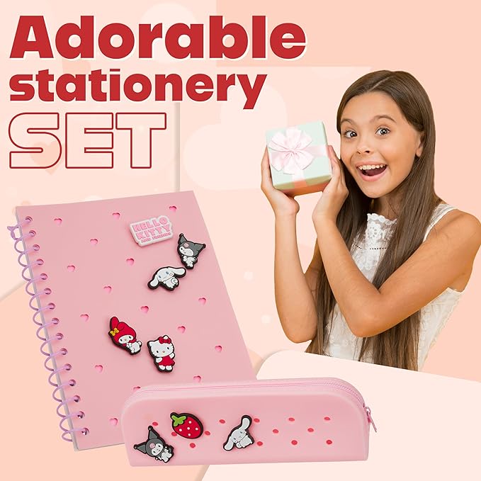 Hello Kitty A5 Customizable Notebook and Zipped Pencil Case, Kawaii Stationery Set with Character Chibi Pins Sticky Notes, Anime Gifts for Kids