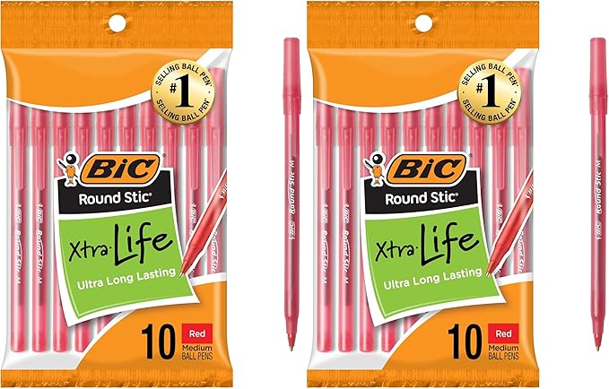 BIC Round Stic Xtra Life Ballpoint Pen, Medium Point (1.0mm), Red, 10-Count (Pack of 2)