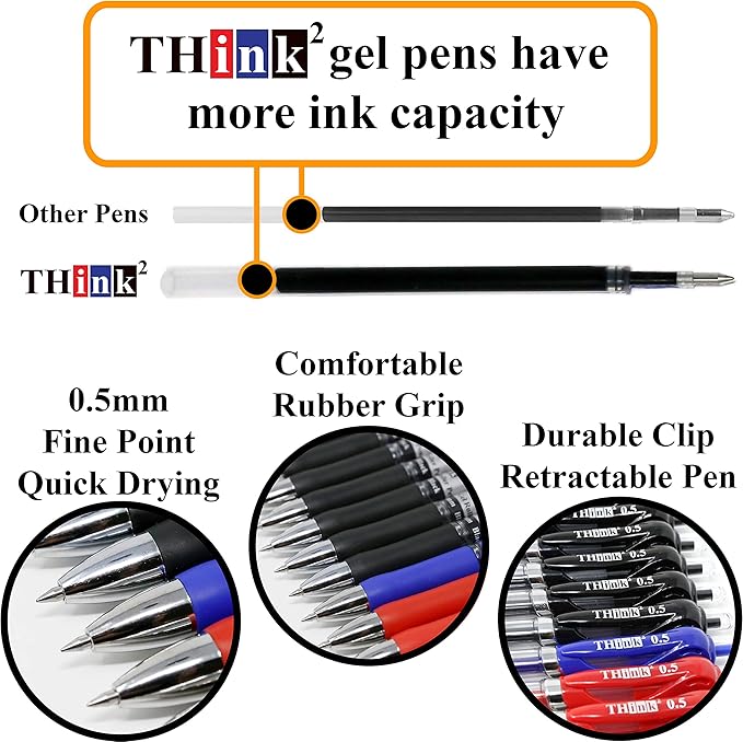 [24 Pens - 3 Colors] Think2 Retractable Gel Pens. (18 Black, 3 Red, 3 Blue) Fine Point (0.5mm) Rollerball Pens with Comfort Grip.