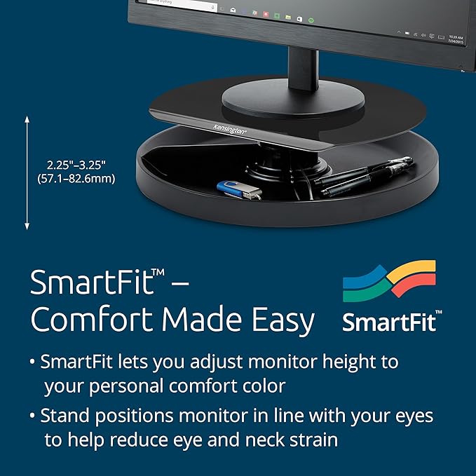 Kensington Smart Fit Spin2 Monitor Stand - Black (K52787WW), 3.1" x 12.6" x 12.6"