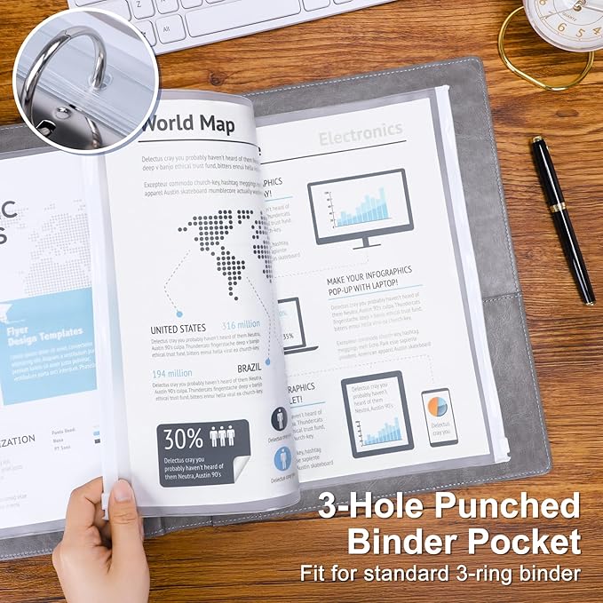 Antner 50pcs Letter Size Binder Pockets for 3 Ring Binder, White Zipper Document Organizer Pouches Heavyweight PVC 3-Hole Loose Leaf File Folders Page Sheet Protectors Side-Loading for Home Office