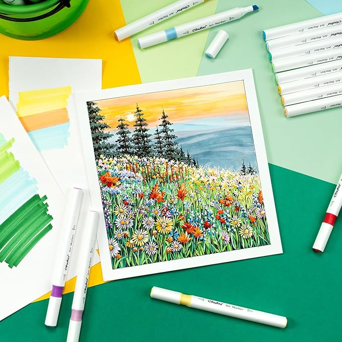 Ohuhu Alcohol Based Markers Set: 96-pack Double Tipped Art Marker - Chisel & Fine Color Sketch Markers for Artists Adult Coloring Drawing Illustration - 2 x Colorless Blender & 2 x Case