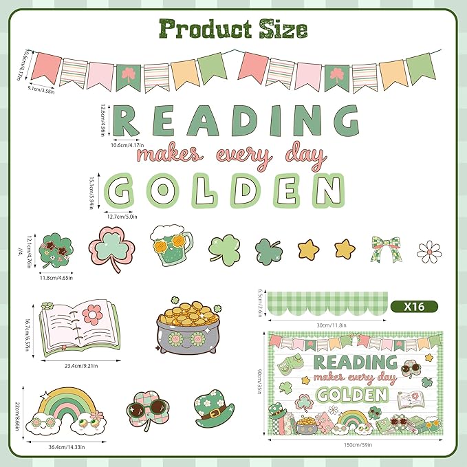 St. Patrick's Day Classroom Bulletin Board Set Reading Makes Every Day Golden Bulletin Board Decorations Irish Clover Cutouts for Bulletin Board St.Patrick’s Party Supply Classroom Chalkboard Decor