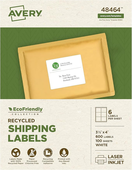 Avery EcoFriendly Recycled Shipping Labels, 3-1/3" x 4", White, Permanent Label Adhesive, 600 Printable Labels (48464)