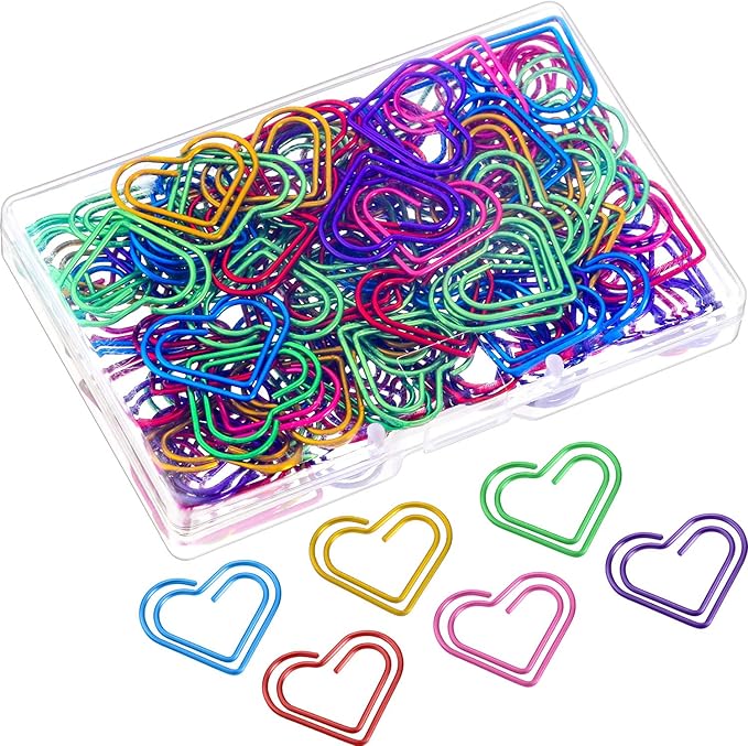 105 Pieces Colorful Paper Clips Metal Heart Shaped Paperclips Cute Fancy Multicolor Small Love Shaped Paper Clips Bulk for Office Stationery, School Supplies, Document Note Sorting, Wedding Decoration