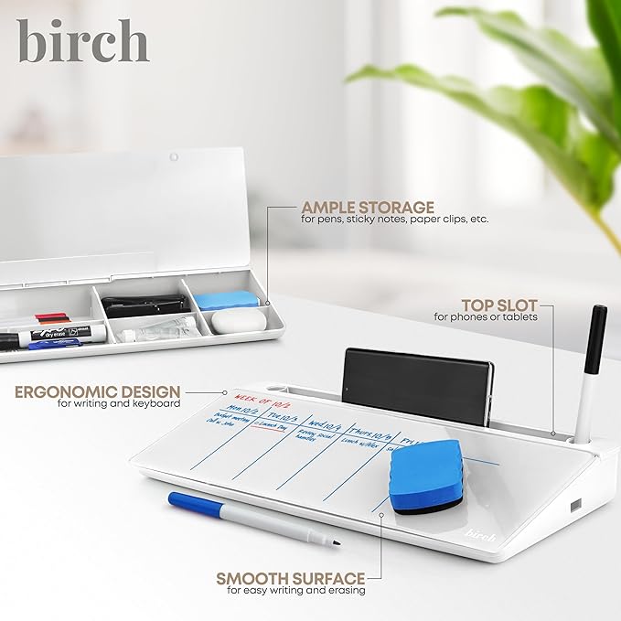 Birch Small Desktop Whiteboard – Glass Dry Erase Board Desk Pad Keyboard Stand with Storage Compartment 3 Markers & Marker Holder – Perfect for Office, Home, & School (Cloud)