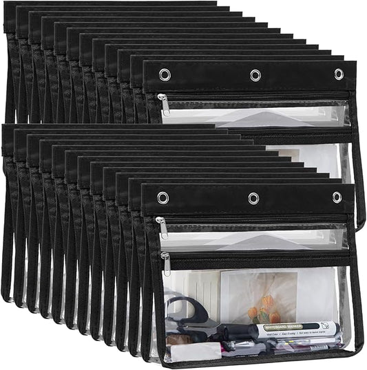 YoeeJob 24 Pack Zipper Pencil Pouches for 3 Ring Binder, 1.5 Inch Expandable with 2 Pockets and Clear Window for School and Office （Black）