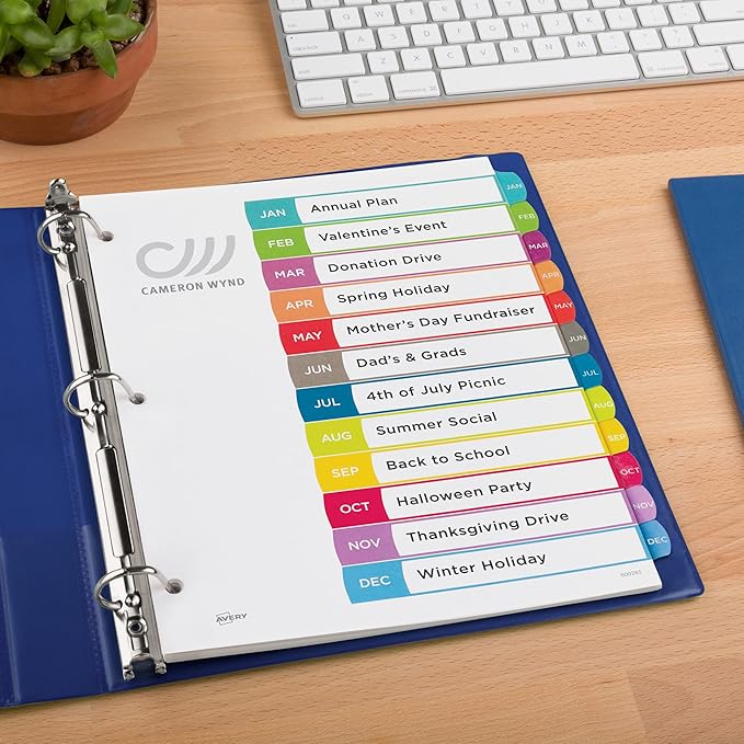 Avery Jan-Dec Dividers for 3 Ring Binders, 12 Tabs per Set, Customizable Table of Contents, Multicolor Arched Tabs, Great for Organizing Reports, Projects, and More (11847)