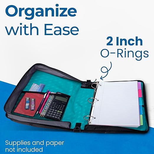 Case-it Universal Zipper Binder 2-Inch O-Rings, 13-Inch Laptop/Tablet Padded Pocket, 400 Sheet Capacity, Multiple Storage Pockets & Shoulder Strap School & Office LT-007 Spearmint (Pack of 6)