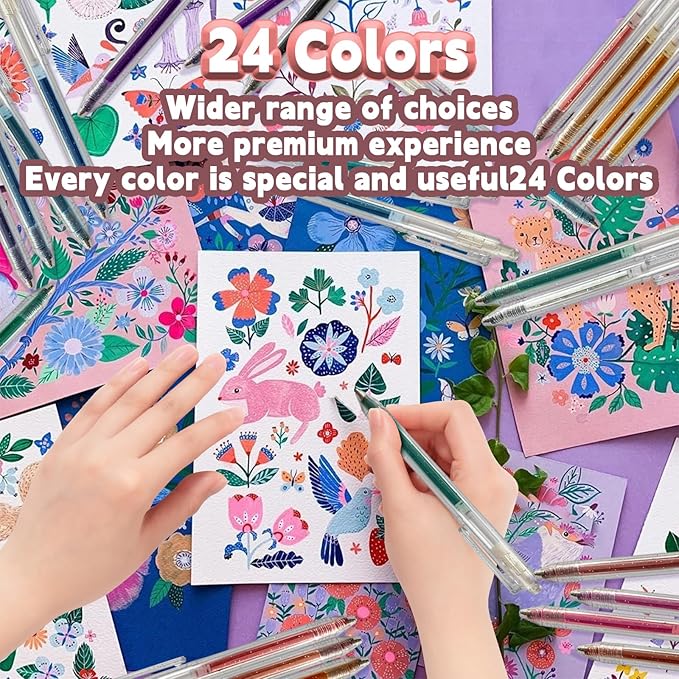 Glitter Gel Pens Retractable, 24 Colors Glitter Pens Set for Coloring, Journaling, Graffiti, Painting, DIY Greeting Cards, and Highlighting Key Notes - Smooth & Non-Toxic