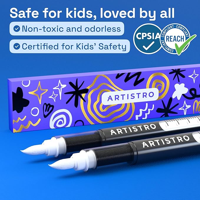 ARTISTRO 2 White Acrylic Paint Markers - Brush Tip Paint Pens with Automatic Ink Control System for Rock, Egg, Wood, Fabric, Glass - Perfect for Crafting, Art Projects, & More