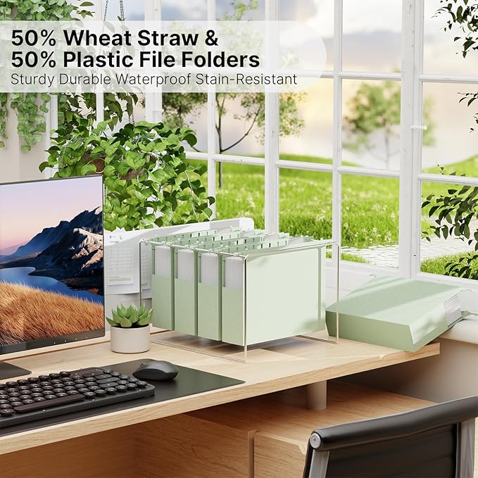 XINGIA Wheat Straw Plastic Hanging File Folders Letter Size,Heavy Duty 2 Inch Expansion,12 Pack Extra Capacity Hang Folders for Filing Cabinet,File Organizer with Insertable Tabs(Morandi Green)