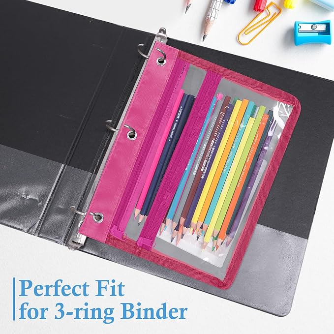 YoeeJob 6 Pack Zipper Pencil Pouches for 3 Ring Binder, 1.5 Inch Expandable with 2 Pockets and Clear Window for School and Office（Colorful）