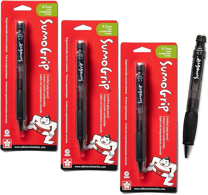 SAKURA SumoGrip Pencil with Comfort Grip - 0.7 mm Ergonomic Mechanical Pencil - Clear Gray - 3 Pack