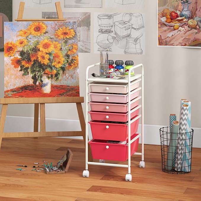 COSTWAY 6-Drawer Rolling Storage Cart, Multifunctional Art Craft Tools Organizer on Wheels, Heavy Duty Utility Mobile Storage Trolley w/ 2 Lockable Wheels for Home Office School, Mixed Pink