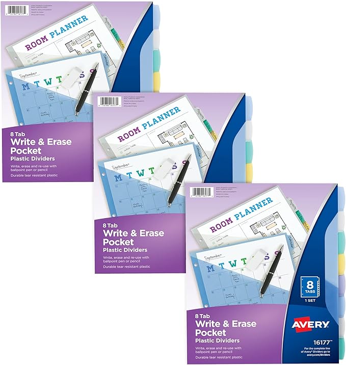 Avery Write & Erase Pocket Plastic Dividers for 3 Ring Binders, 8 Tab Sets, Multicolor, Works with Sheet Protectors, 3 Sets (31701)