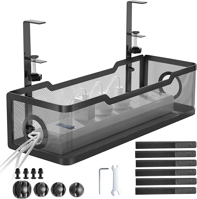 Under Desk Cable Management Tray Black, Cinati Wire Organizers No Drill, Cable Tray with Clamp for Wire Management, Cord Organization Box for Office, Home - No Damage to Desk