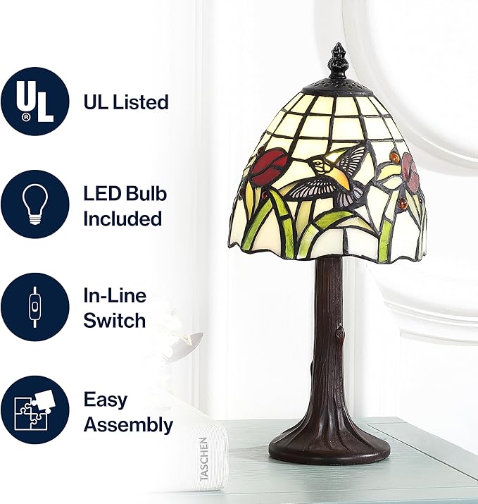 JONATHAN Y 12" Bronze Hummingbird Tiffany-Style LED Table Lamp, Handcrafted Multicolored Stained Glass Bell Shade, Traditional Bedside Accent Lamp, LED Bulb Included JYL8014A