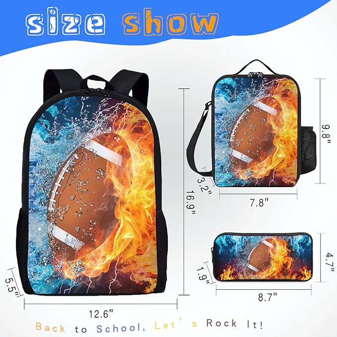 3PCS Football Backpack Set for Boys, Lightweight Large Backpack with Lunch Box & Pencil Case, Cool Sport Bookbag for Kids, Back to School Backpacks for Elementary & Middle School - 02