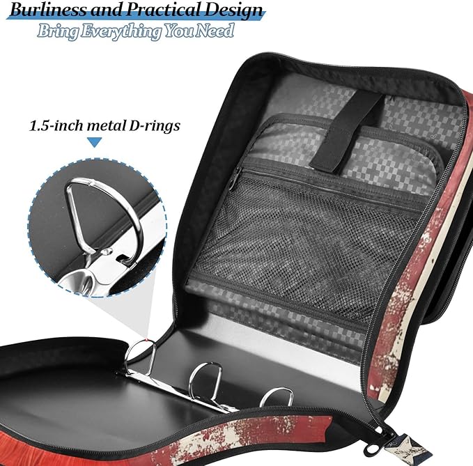 Cardinalbird American Flag Daisy Zipper Binder Bag 3 Ring Binder with Shoulder Strap Zip Up 500 Sheets Capacity Multi Pockets for School Office Supplies
