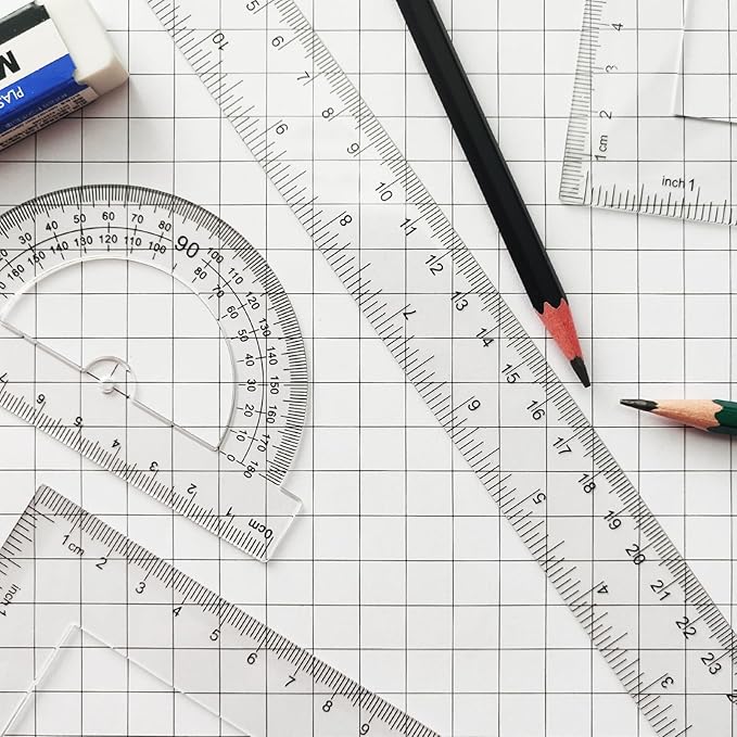 Clear Math Geometry Tool Set,12 Inch Ruler 4 PCS for Measuring and Drafting, Transparent Plastic Straight Ruler, Triangle Rulers, Protractor for Student School Office Supplies, Imperial Metric