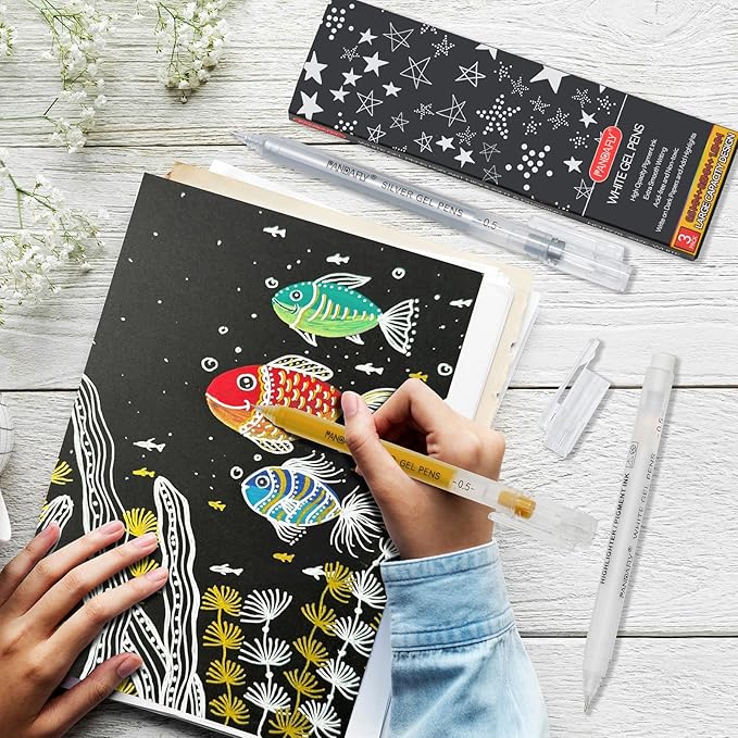 PANDAFLY Gold Silver White Gel Pens, 0.5mm Extra Fine Point Archival Ink Pen for Journaling, Art, or Drawing - For Artist Gifts, Holiday Gifts & DIY Projects, 3 Pack