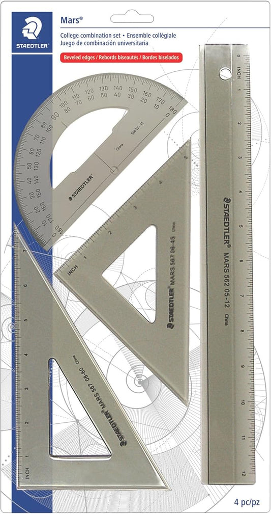 STAEDTLER College Combination Set - Triangle, Protractor & Ruler Set, Transparent Smoke Plastic with Beveled Edges, 4-Piece Set