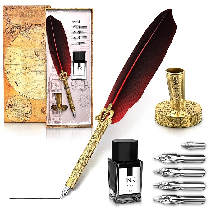 Red Feather Quill Pen and Ink Set - 11.4" Antique Feather Pen and Ink Set with Stainless Steel Nib for Calligraphy Practice, Drawing & Signatures - Designed for Beginners and Calligraphy Enthusiasts
