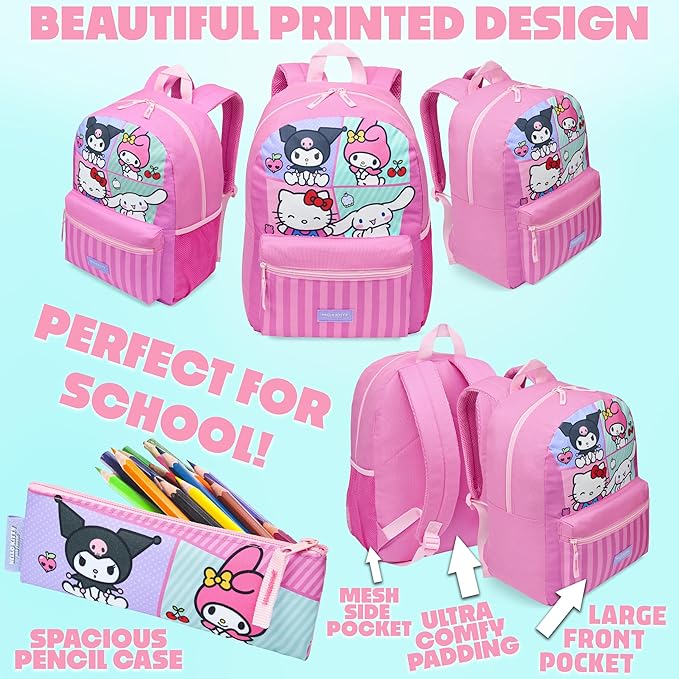 Hello Kitty Sanrio Backpack Set for Girls 4 Pcs Water Bottle Lunch Bag Pencil Case School Supplies Cinnamoroll Kuromi My Melody Gifts for Girls