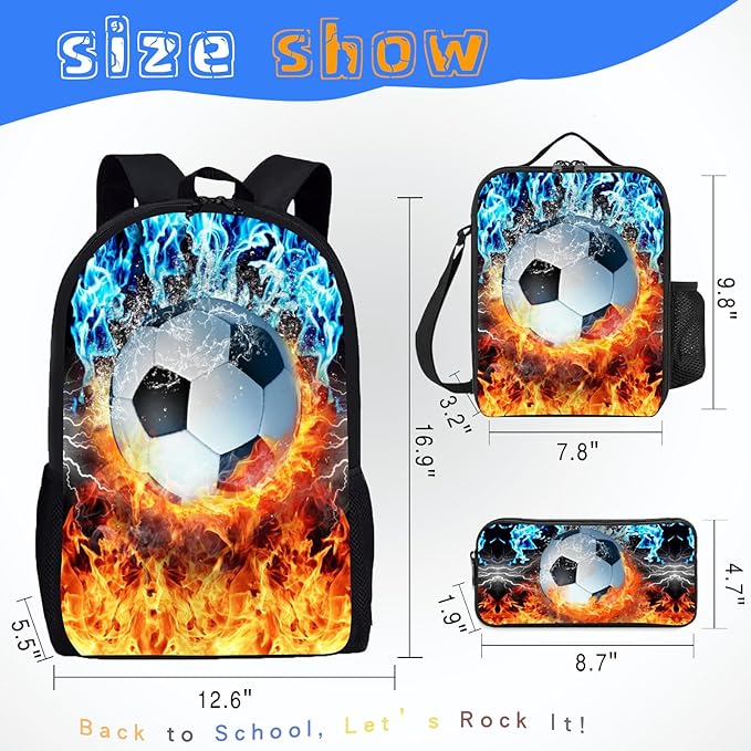 3PCS Soccer Backpack Set for Boys, Lightweight Large Backpack with Lunch Box & Pencil Case, Cool Sport Bookbag for Kids, Back to School Backpacks for Elementary & Middle School - 01