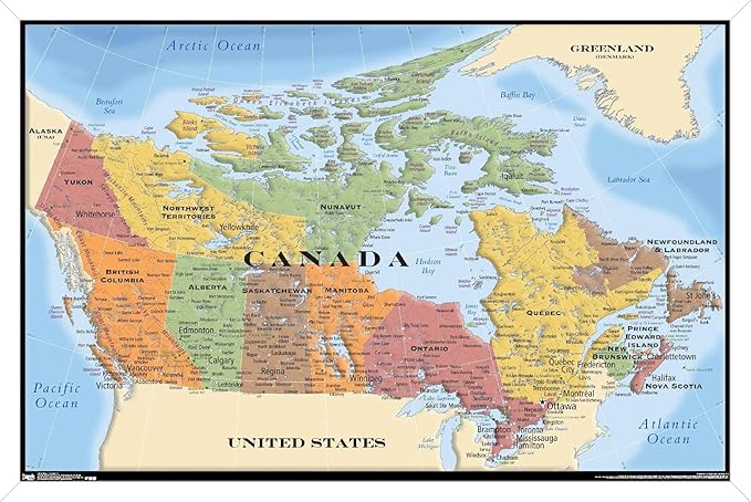 Map - Canada Wall Poster, 22.4L" x 14.7W", White Framed Version