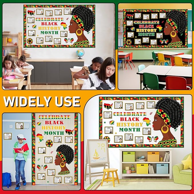 3D Black History Month Bulletin Board Set Famous African American Classroom Decoration Motivational Cutouts Black History Bulletin Board Border for School Classroom Home Party Chalkboard Wall Decor