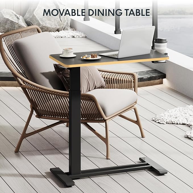 FLEXISPOT Mobile Standing Desk with Wheels Pneumatic Laptop Desk Rolling Computer Cart Movable Height Adjustable Small Sit Stand Desk Computer Workstations Home Use（27.6" W x 15.7" D, Black+Maple