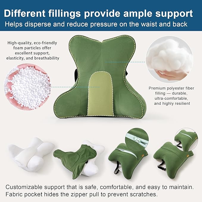 Lumbar Support Pillow(Pat. Pend) for Lower Back Pain Relief – Multi-Functional Ergonomic Lumbar Cushion, Reading Pillow for Office Chair, Car Seat & Sofa,Olive Green