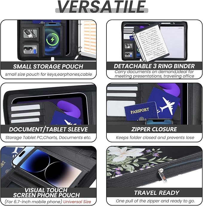 Clipboard with Storage for Men Women, Leather Padfolio Portfolio with Zipper, 1 Inch 3 Ring Binder 5 Dividers, Notepad for Letter Size, Elastic Closure and Pen Loop, Card Slot Black Flower