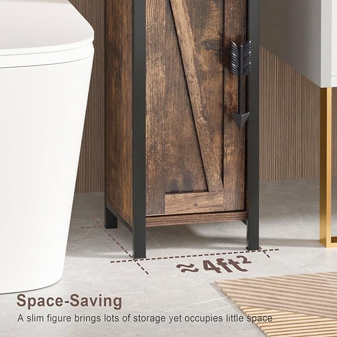 VECELO Small Bathroom Cabinet, Slim Toilet Paper Holder with Door&2 Shelves Metal Racks, Narrow Storage Organizers, Free Standing Farmhouse Style for Bathroom Restroom Tiny Space,Dark Brown
