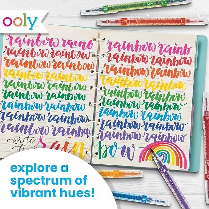 Ooly Calligraphy Duo - 12 Double Ended Calligraphy Pens for Writing & Hand Lettering, Dual Tip Pens for Beginners or Kids Includes 1 Brush & 1 Chisel Tip Pen in Classic Colors