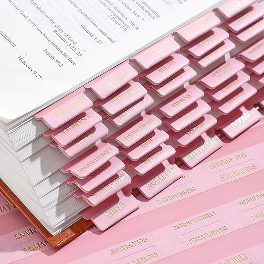 Leather Bible Tabs, Bible Tabs for Women and Men(Gold Foil Lettering) Large Print Stickers, Easy to Read and Apply, 66 Chapters & 14 Blank DIY Labels for Easy Navigation, Christian Accessories(Pink)