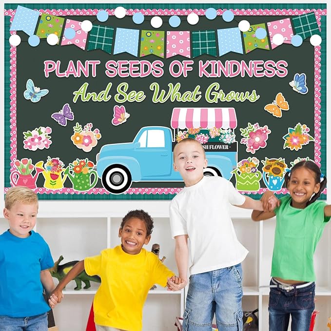 Spring Bulletin Board for Classroom Decoration Plant Kindness Spring Truck Flower Bulletin Board Set Floral Butterfly Cutouts for Back to School Office Chalkboard Wall Teacher Decor