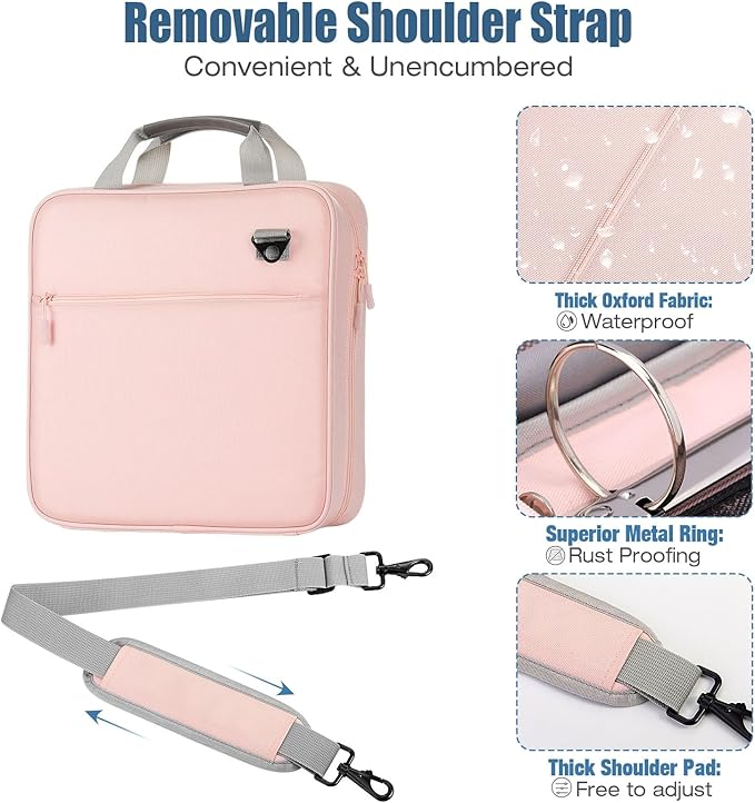 MoKo Zipper Binder, 2 Inch 3 Ring Binder with Zipper,500 Sheets Capacity Zipper Binders with Shoulder Strap & Handle,Multi-Pocket Zipper Bag Organizer for Middle School, Pink & Gray
