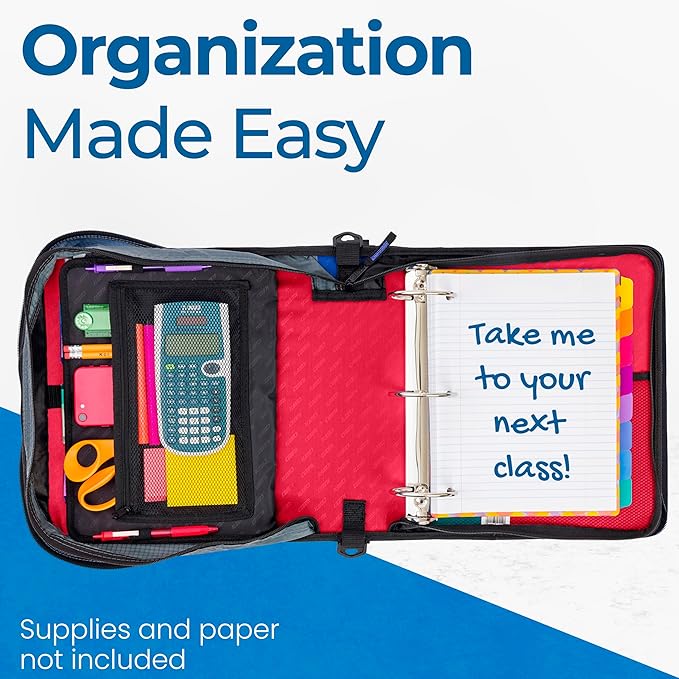 Case-it Mighty Zip Tab School Zipper Binder | 3-Inch O-Rings, 600-Sheet Capacity, 5-Subject Expanding File Folder, Multiple Pockets & Storage Organizer, Shoulder Strap | D-146 Fire Engine Red